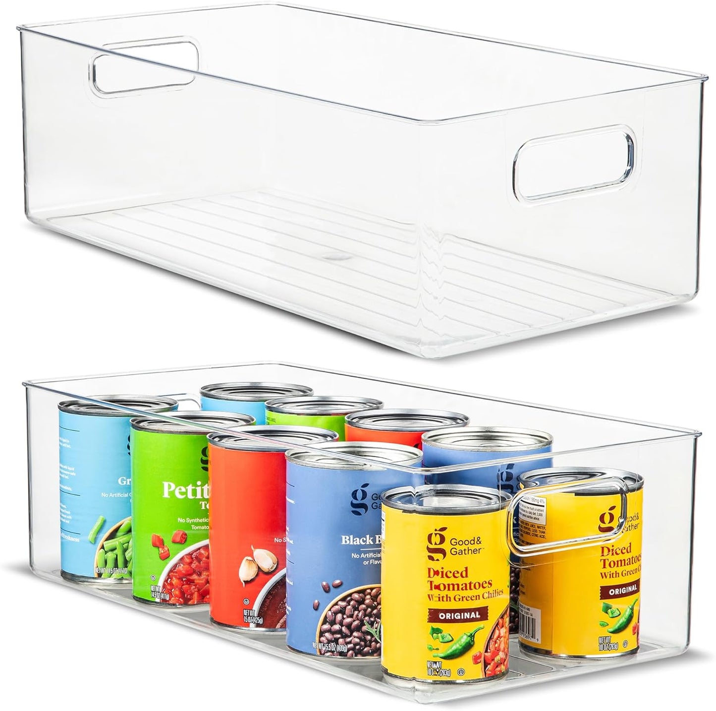 primebox Plastic Food Storage 2 Pack Clear Container Bin with Handles for Organizing Kitchen, Pantry, Refrigerator, Freezer, Pantry, Cabinet, Closet, Bathroom. 16”x8”x5”
