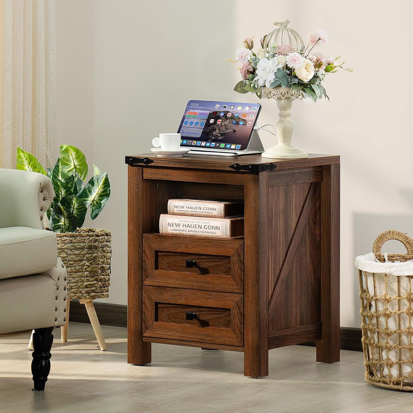Nightstand with Charging Station and USB Port, Farmhouse Side End Table with 2 Drawers and Open Shelf, Wood Rustic Sofa Table, Bedside Cabinet for Bedroom, Living Room, Closet, Office(Brown)