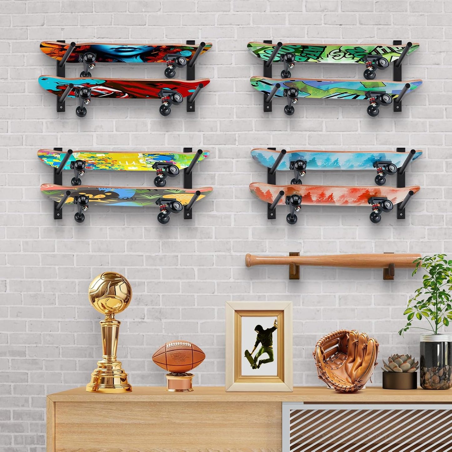 BiJun Skateboard Wall Mount, Snowboard Wall Mount Display, Horizontal Ski Wall Rack, Skateboard Rack Storage Holder Longboard Hanger