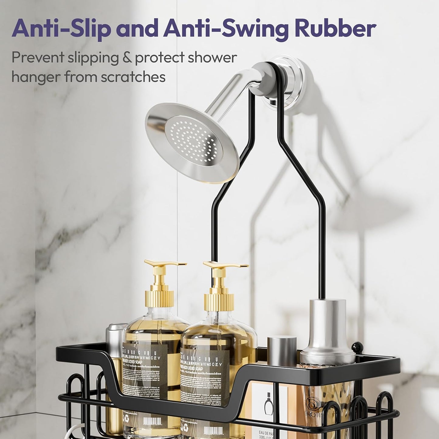 SWTYMIKI Bathroom Shower Caddy Hanging - 3 Tier Rustproof Over Shower Head Organizer, No Drilling Bathroom Shelf with 16 Hooks & Soap Holder, Anti-Swing Rack for Shampoo,Sponge,Towel, Black, Large