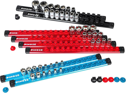 8PCS Magnetic Socket Holder Organizer Set - 1/4, 3/8, 1/2 - Aluminum Alloy Socket Rail Trays for Tool Box Drawer, Socket Rack Kit with 114Pcs Clips for Automotive Garage(Blue Red Black)