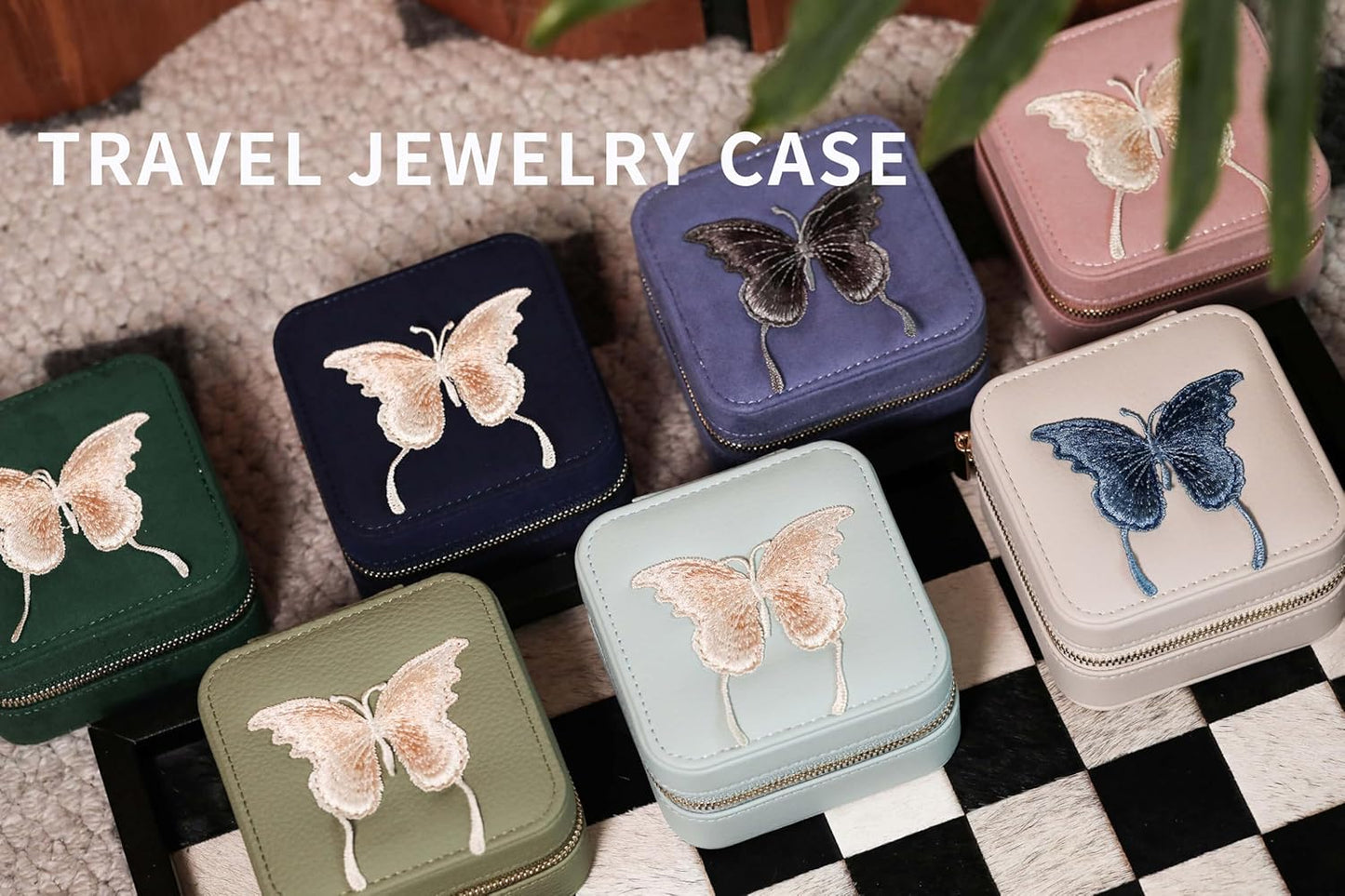 S.Leaf Travel Jewelry Organizer Boxes for Women Small Portable Necklace Earrings Bracelet Rings Travel Case Best Friend Birthday Gifts for Women Trendy (Butterfly_Hazeblue_Blue)