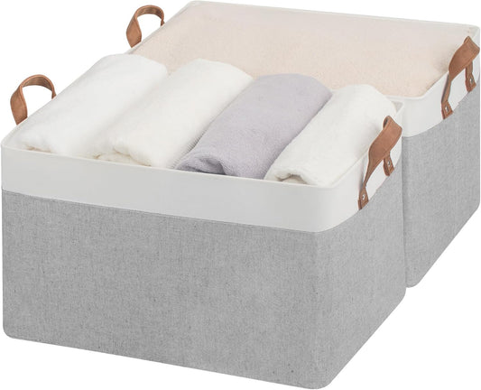 StorageWorks Storage Bins, Fabric Storage Bins for Shelves, Extra Large Storage Baskets with Metal Frame, Closet Baskets and Bins with Handles, Jumbo, Gray and White, 2-Pack