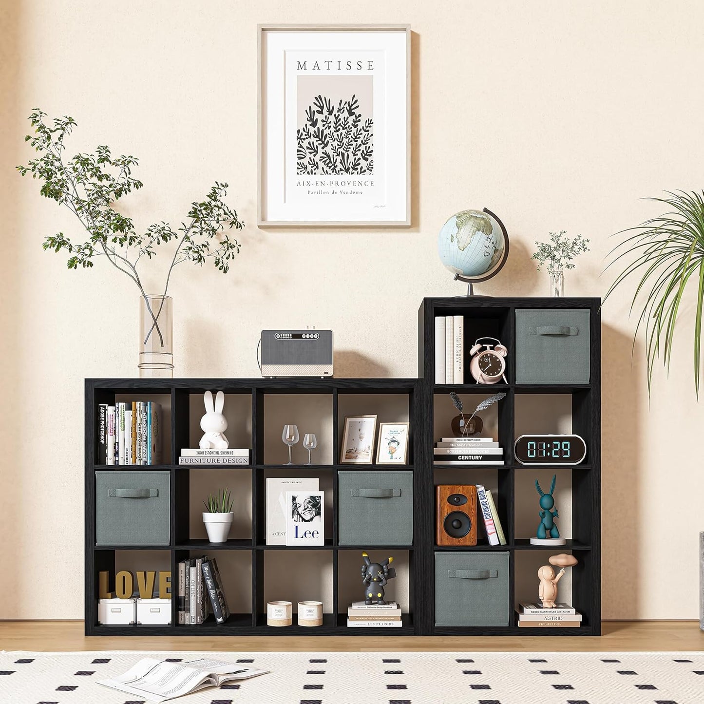 Bookshelf with Storage Bins, 8-Cube Storage Organizer, Modern Black Bookshelf for Bedroom, Multifunctional Display Cube Bookshelves for Living Room, Bedroom, Home Office