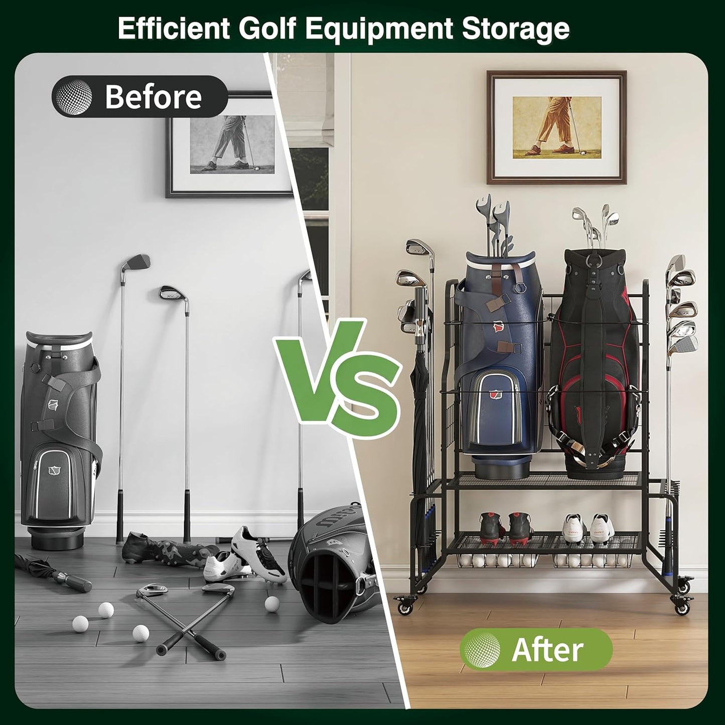 Heavy-Duty Golf Bag Storage Garage Organizer with Wheels - Large Dual Bag Stand & Club Rack with 2 Ball Drawers, Innovative Wave Holder, and Extra Shoe Shelf for Garage & Home