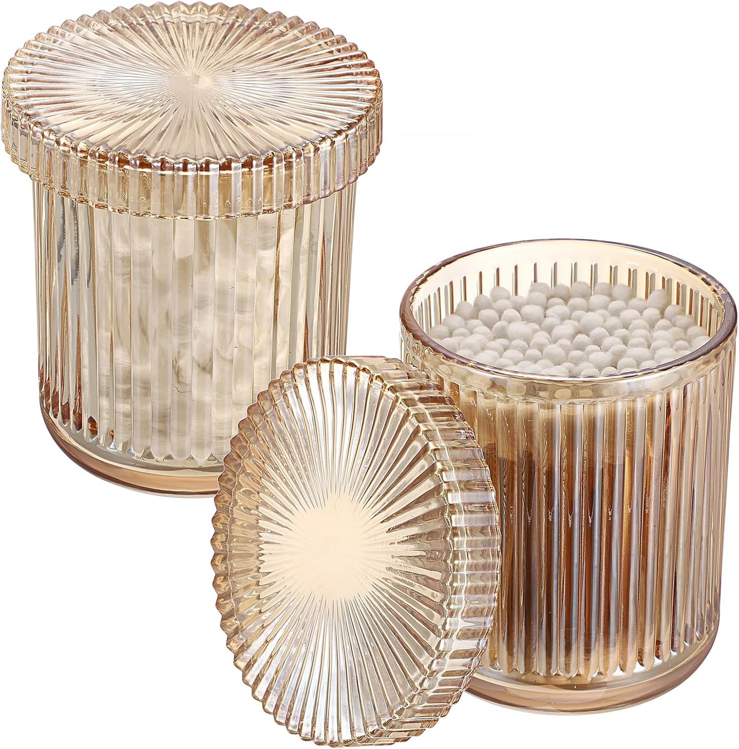 2 Pack Glass Qtip Holder with Lid, Qtip Dispenser Bathroom Storage Jars- Glass Apothecary Jars for Cotton Ball, Swab, Pads, Floss Picks, Bathroom Accessories Organization and Vanity Organizer (Amber)
