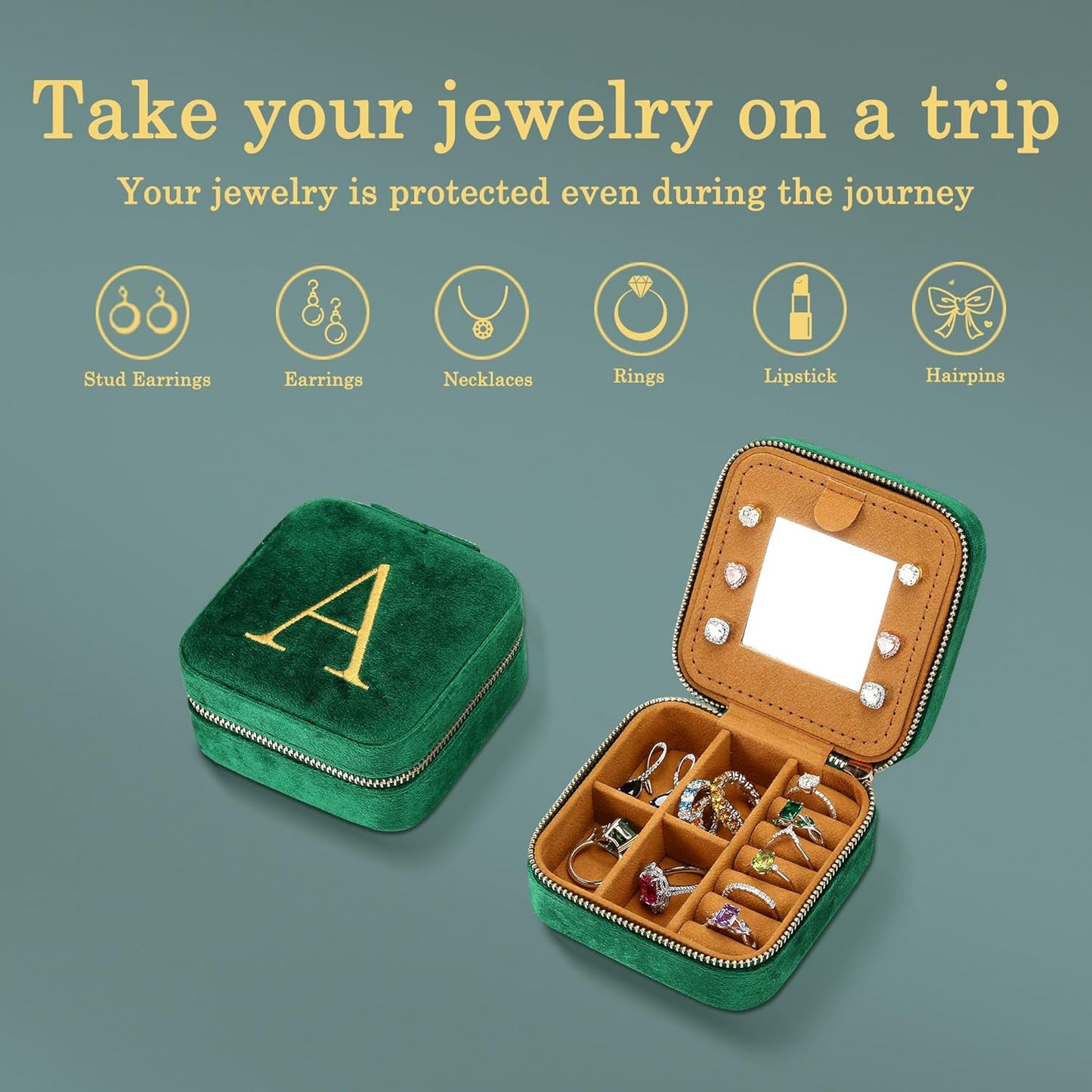 Parima Aunt Gifts - Auntie & Birthday Gifts for Aunt, Plush Velvet Emerald-Green Jewelry Box Travel Case - Letter V, Green