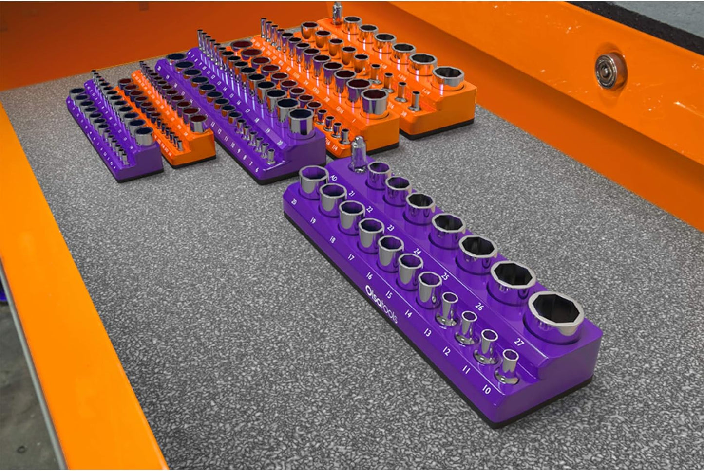 Olsa Tools Magnetic Socket Organizer | 1/2-inch Drive | SAE | Orange | Holds 16 Sockets | Professional Quality Tools Organizer