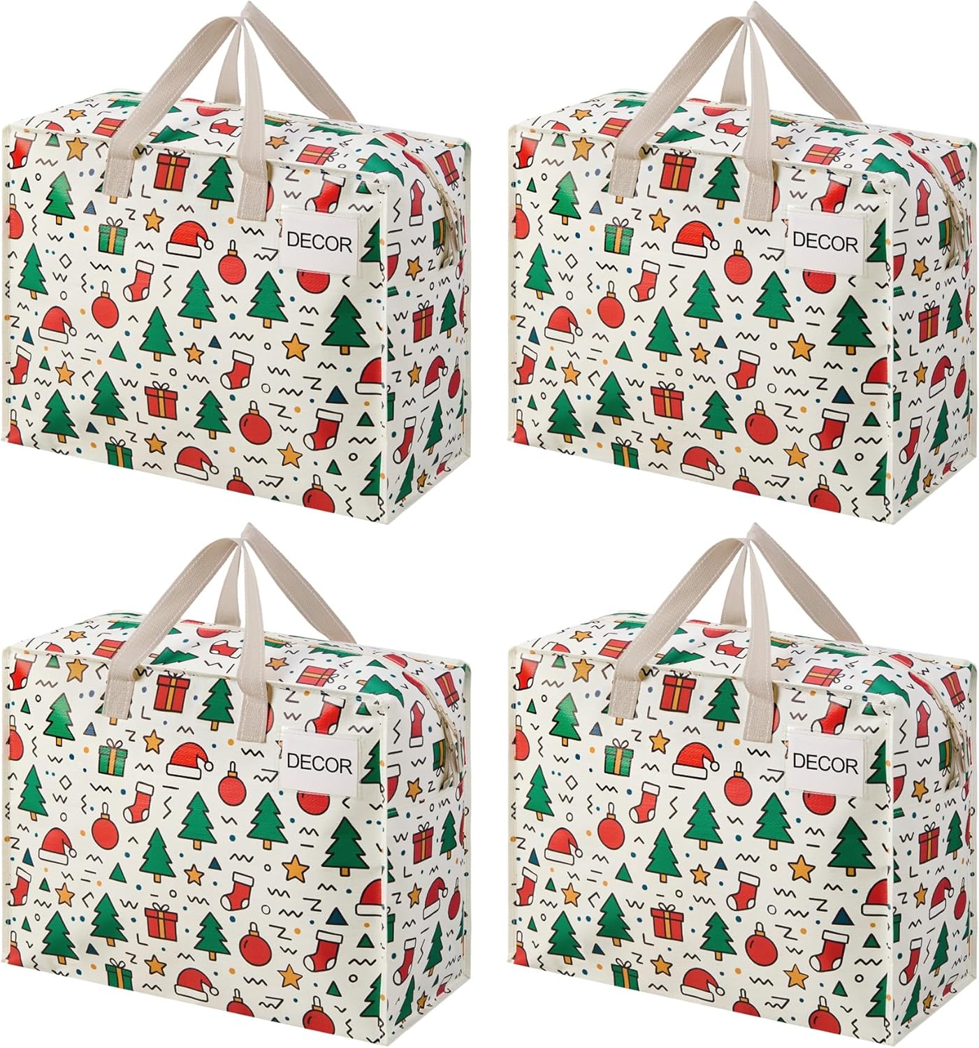 VENO 4 Pack Heavy Duty Moving Bags, Storage Bags, Packing Supplies, Top Zipper, Storage Totes for Camping, Clothes, Bedding, Comforters, Pillows, Christmas Pattern (13 Gallon, Jingle Mix, 4 Pack)