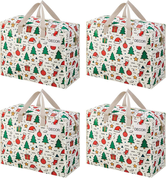 VENO 4 Pack Heavy Duty Moving Bags, Storage Bags, Packing Supplies, Top Zipper, Storage Totes for Camping, Clothes, Bedding, Comforters, Pillows, Christmas Pattern (13 Gallon, Jingle Mix, 4 Pack)