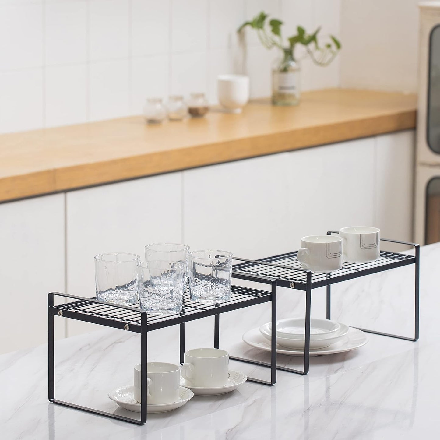 2Pack Kitchen Cabinet Shelf Counter Organizer Rack Pantry Storage Bathroom Bedroom Office Table Desk Space Saving Stackable Rust Resistant Non Slip Black Wide L13.1in W10.6in H7.3in