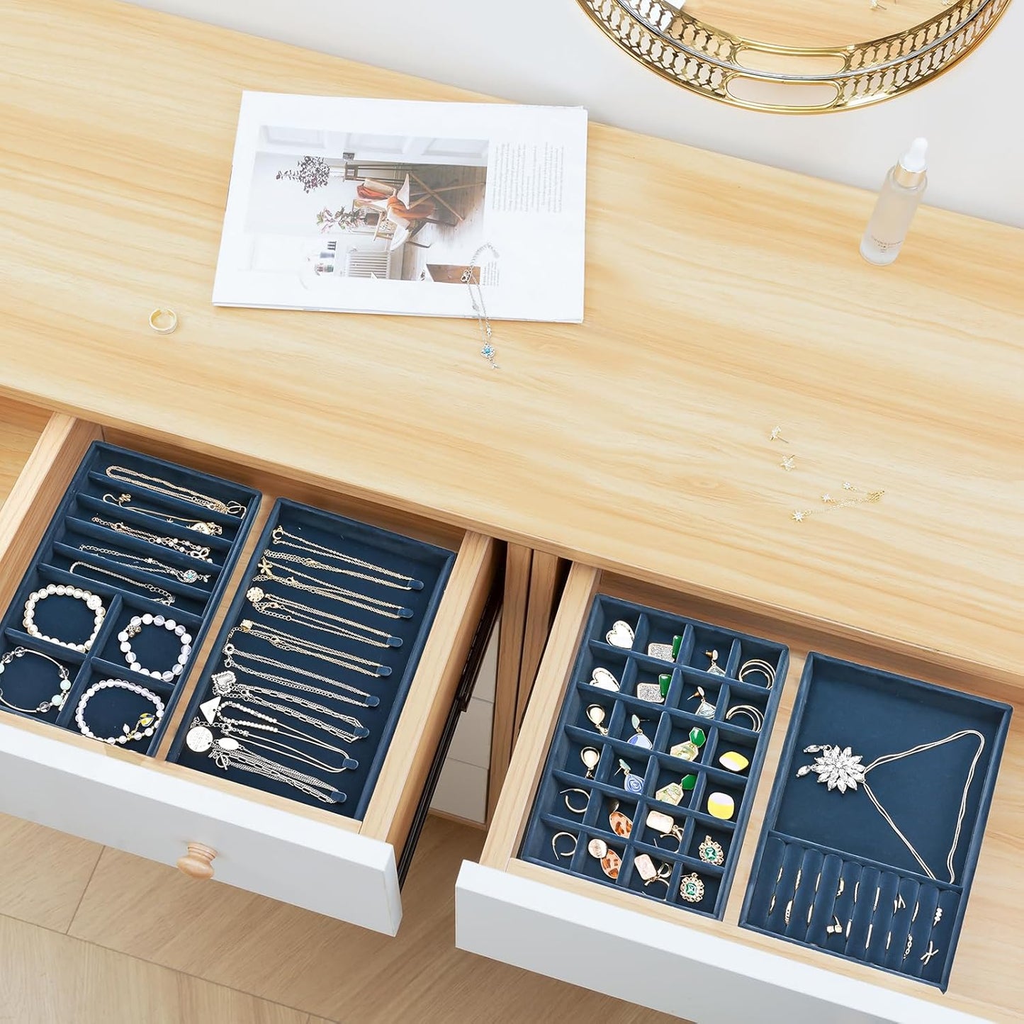 ProCase Stackable Jewelry Organizer Trays for Drawers, Jewelry Drawer Inserts Container Display Case Storage for Earring Necklace Rings Bracelet with Removable Dividers -Darkblue, 4 Layers