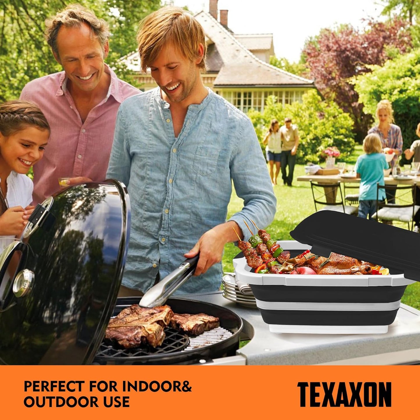 8L/16L BBQ Prep Tub with Cutting Board, Lid & Complimentary Mitts/Gloves – Collapsible Bucket for BBQ, Marinade, Picnic, Camping, Meat Prep – Orange/Black (Black, X-Large Lid Lock)