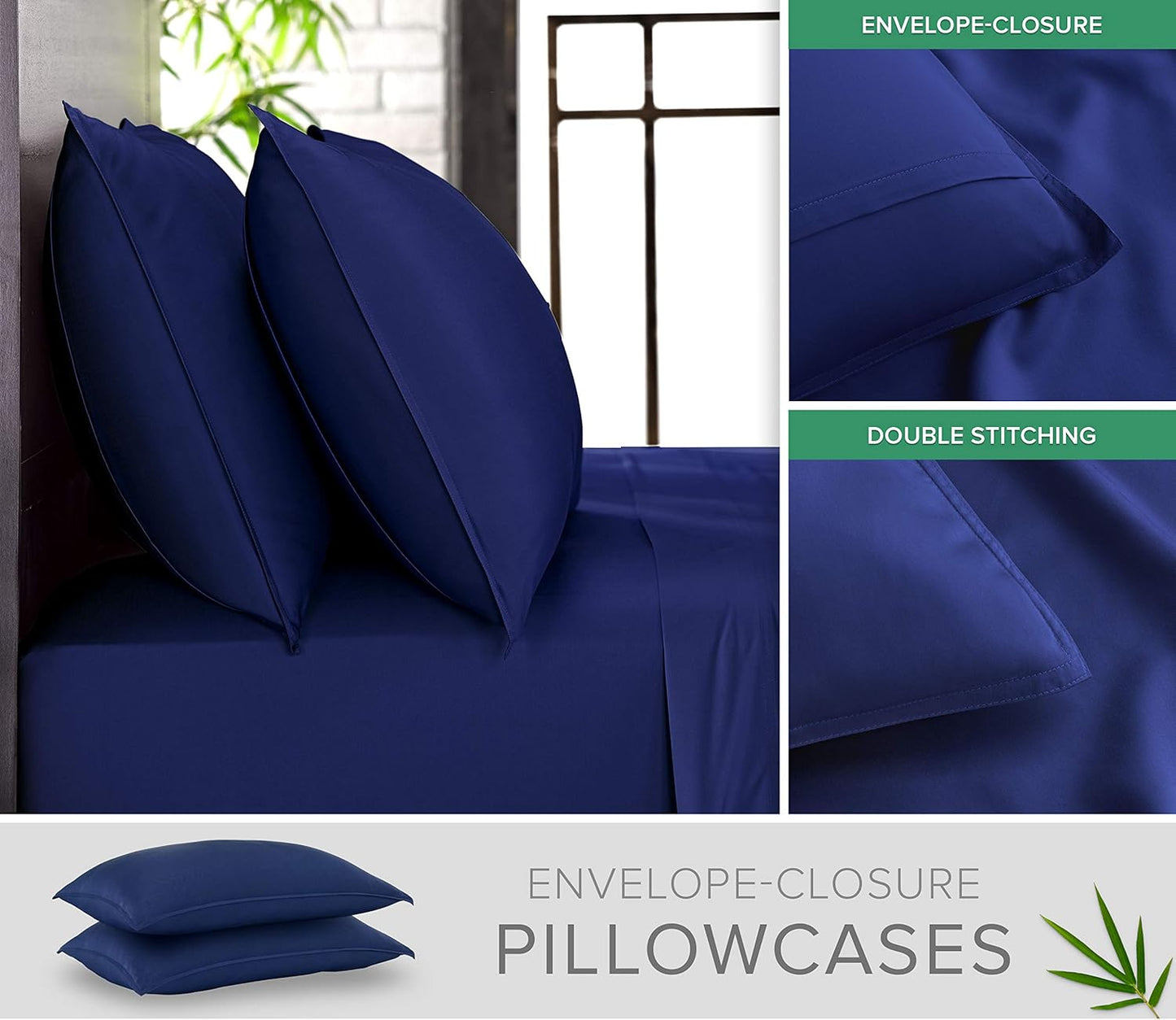 Queen Pillowcases by Pure Bamboo, Genuine 100% Organic Viscose Derived from Bamboo, Luxuriously Soft & Cooling, Double Stitching, Envelope Closure (2 Queen Pillowcases, Cobalt Blue)