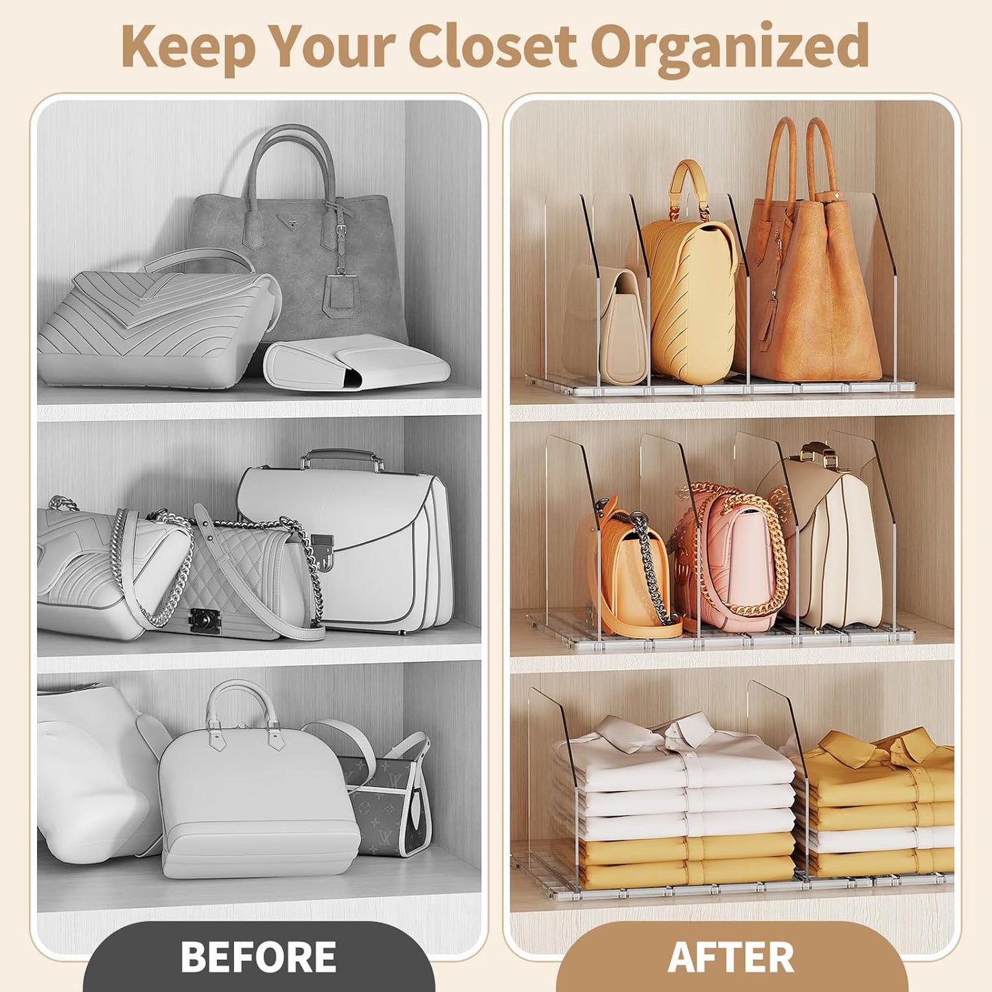 Purse Organizer for Closet, Shelf Divider Adjustable Clear Acrylic Handbag Storage, Bag Storage Separators, Keep Handbag & Books Neat and Upright in Bedroom, Office