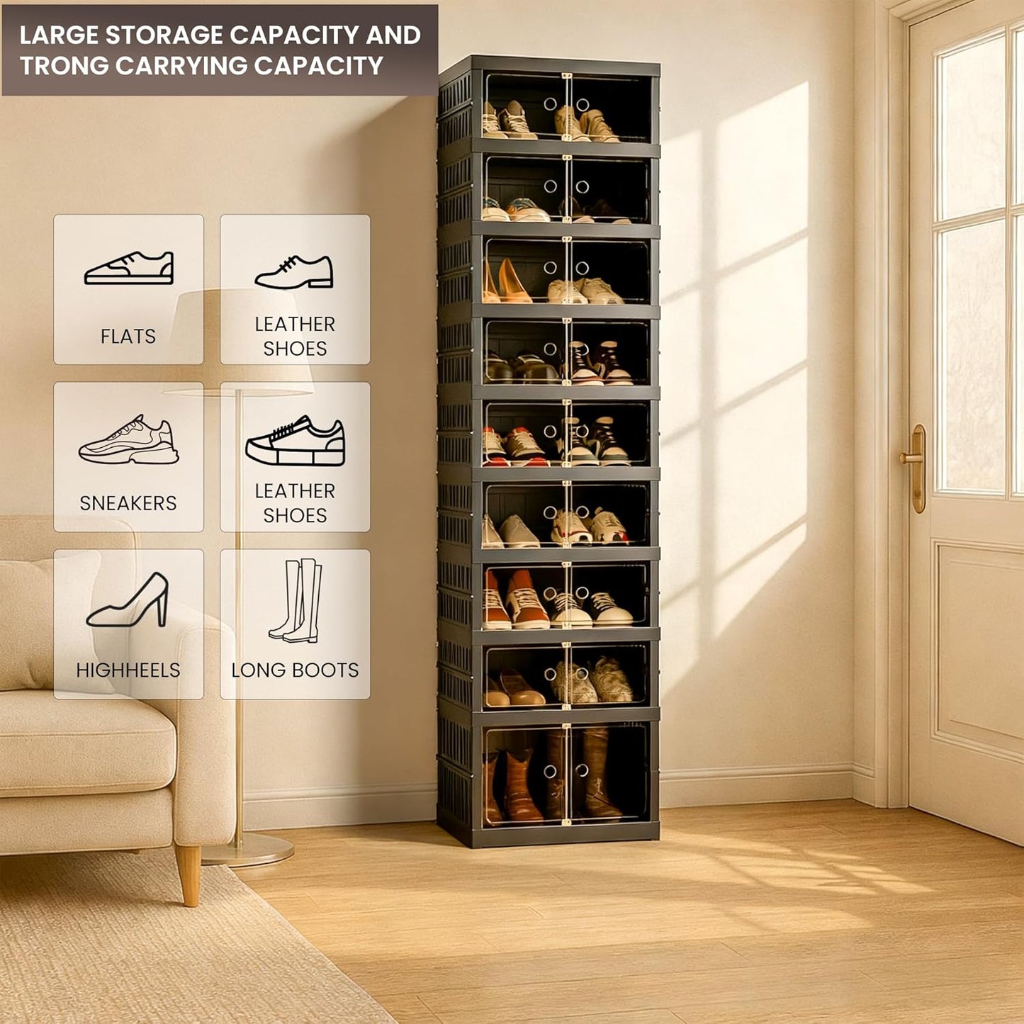 Foldable Shoe Organizer Storage Box Set of 2, Portable Extra Large Folding Shoe Rack for Closet, Shoe Storage Box with Magnetic Transparent Door and Wheels, 9 Layers 18 Grids with 2 Big Grids