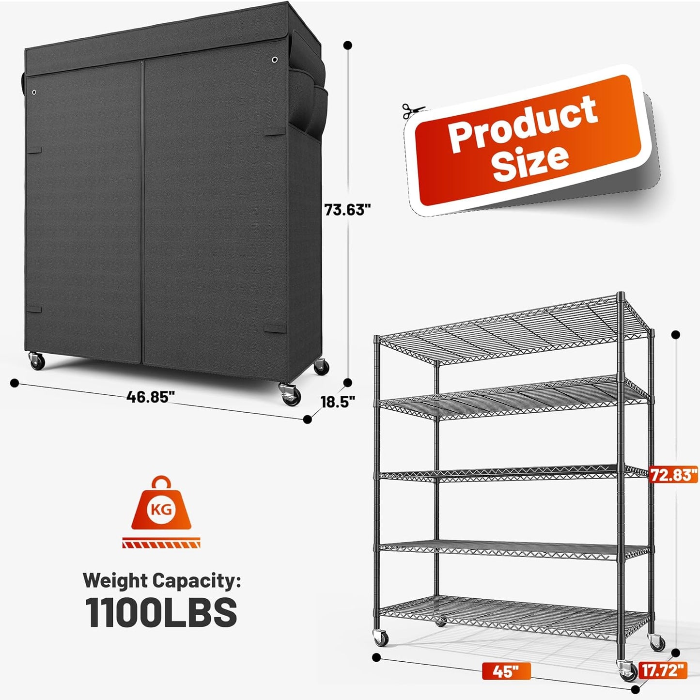 REIBII 45''W Storage Shelves Waterproof Metal Shelving with Cover Dustproof, Wire Shelving Unit Covers & Wheels Garage Storage Rack Wire Shelf for Kitchen Pantry, Storage Room, 45Wx17.72Dx72.83H