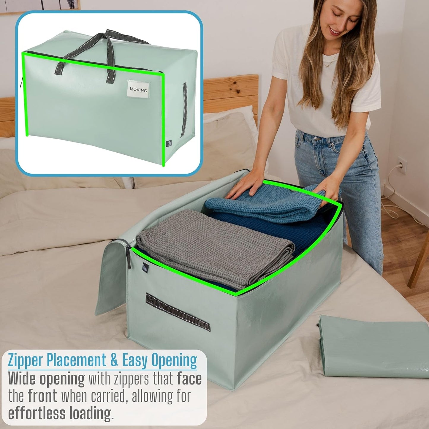 VENO 10 Pack Moving Bags and Large Christmas Decoration Storage Bins with lids. Alternative to Moving Boxes, Packing Supplies for College. Heavy Duty Totes (Shiny Light Green, 10 Pack)