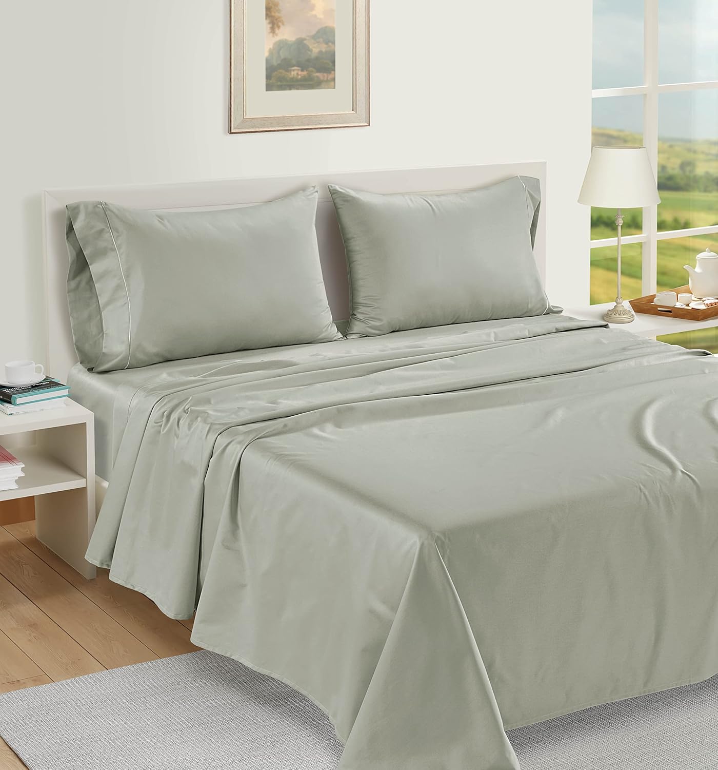 LANE LINEN Pillow Case Covers King Set of 2 100% Egyptian Cotton Sateen Soft Cool & Smooth 1000 Thread Count Cases - Mineral