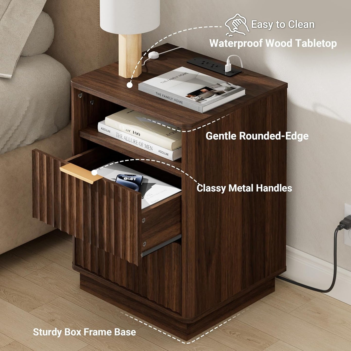 Fluted Night Stand with Charging Station, 18" Mid-Century Modern Nightstand, 2 Drawers End Table with Storage, Bedside Table for Bedroom Sofa Home Office, Curved Profile Design (Walnut)