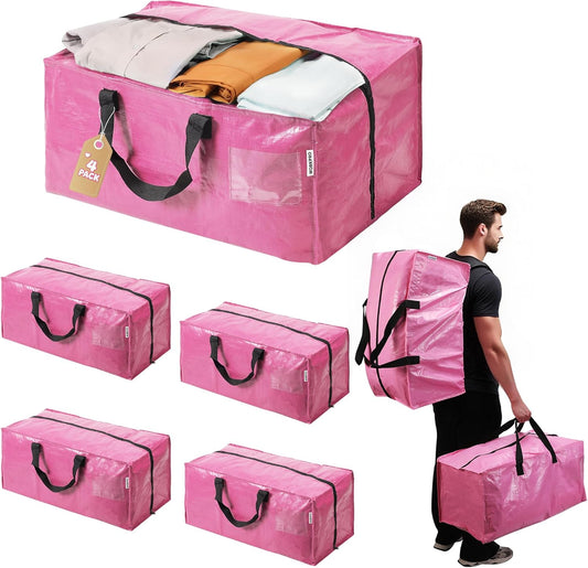 WORKPRO 4 Pack Extra Large Moving Bags with Zippers & Carrying Handles Backpack Straps, Heavy-Duty Storage Tote for Space Saving Moving Storage (Pink)
