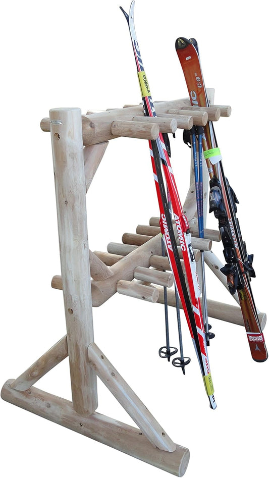 17-Place Freestanding Log Ski Rack Holder, Indoor & Outdoor Snowboard Racks, Standing Storage, Garage Racks for Snow Skis, Durable Snowboard Rack Garage Storage Organizer - Natural + 15" Anchor Kit