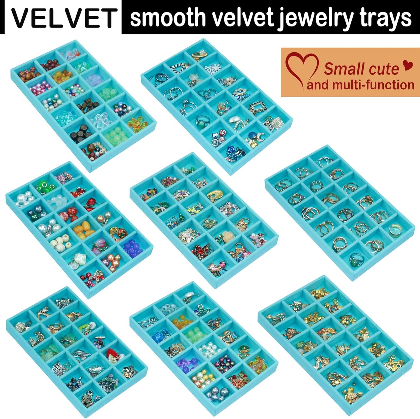 12 Pack Stackable Velvet Jewelry Organizer Trays for Drawers Earring Organizer Inserts Necklace Storage Ring Bracelet Display Case, 216 Grids, Blue