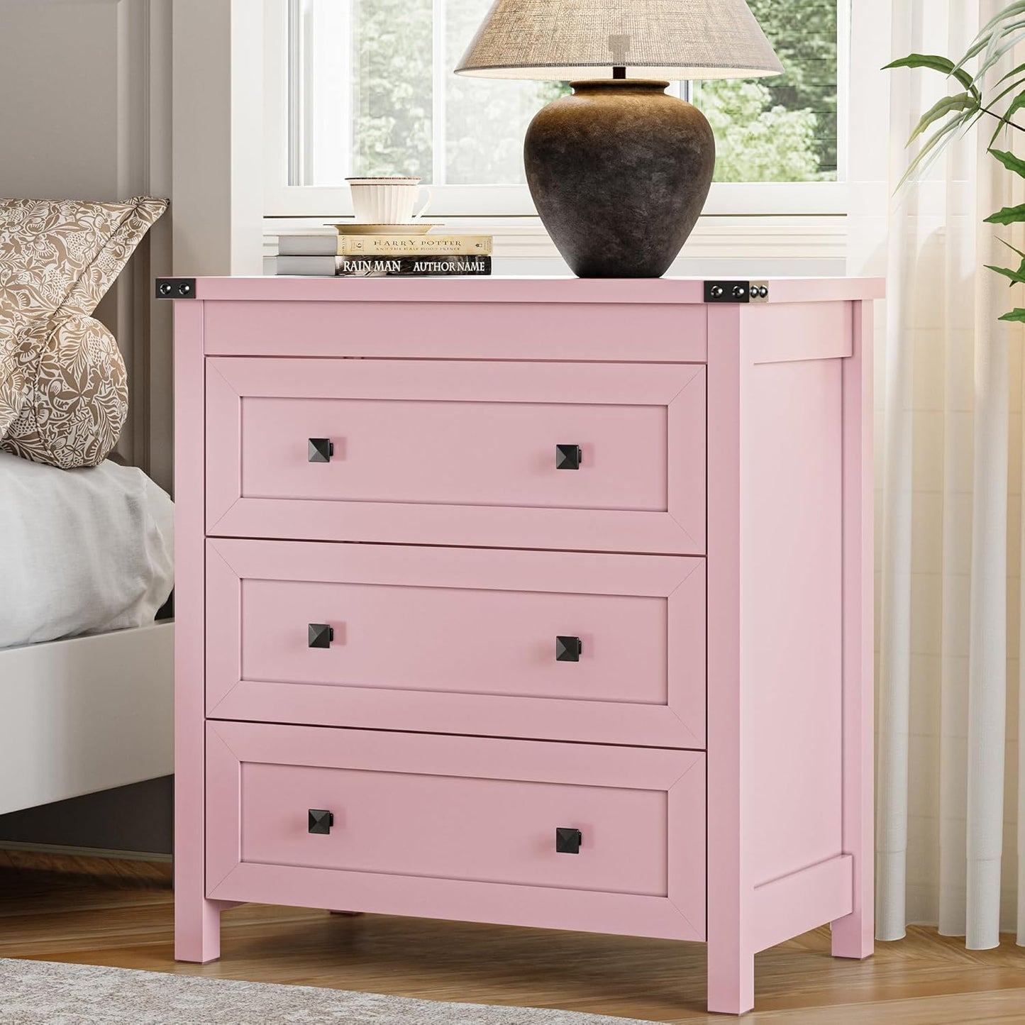 Dresser for Bedroom with 3 Drawers, Small Chests of Drawers, 27.55" Wide Farmhouse Wood Nightstand Bedside Cabinet End Table, Modern Closet Storage Organizer for Living Room, Entryway, Hallway, Pink