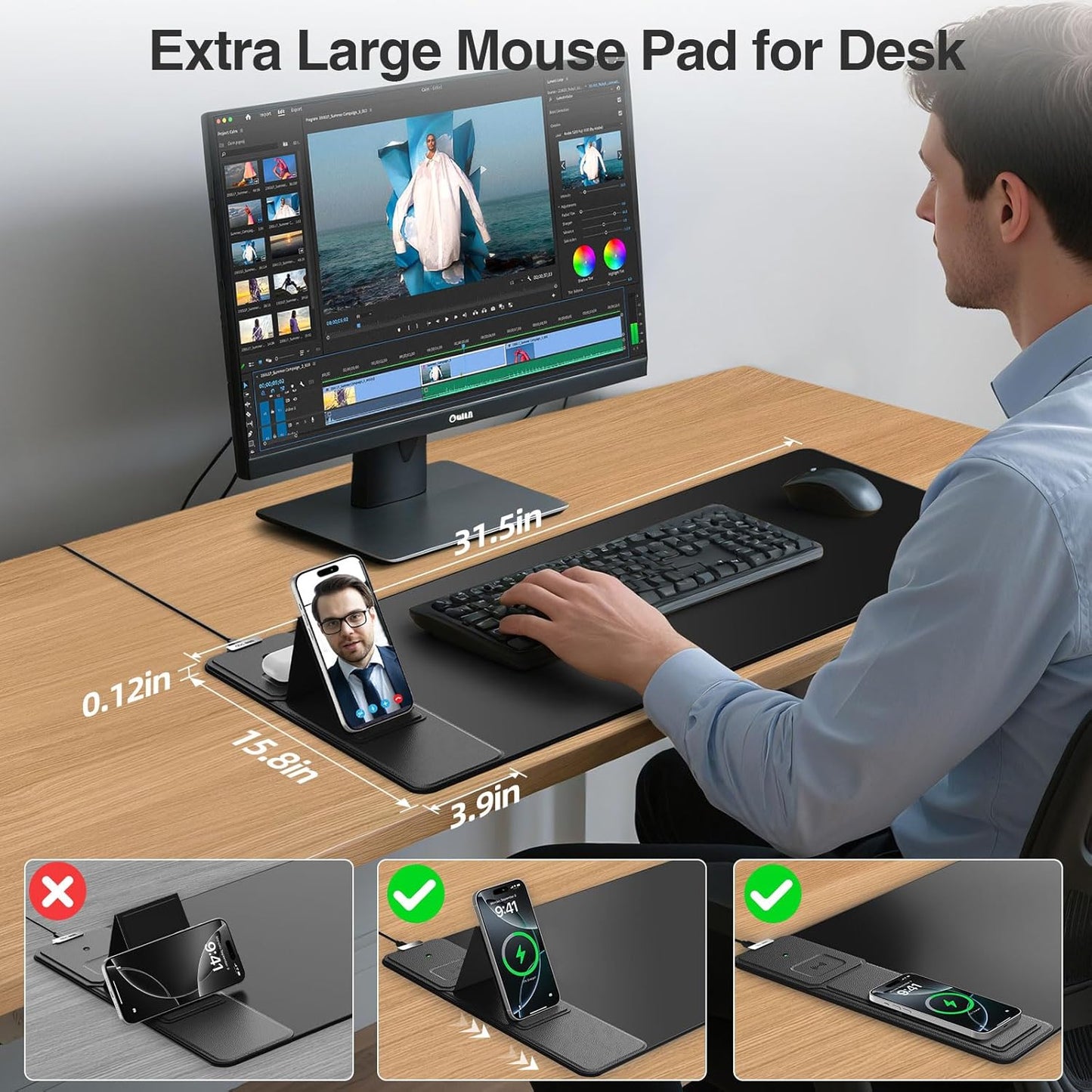 Wireless Charging Mouse Pad with Foldable Phone Holder, 31.5"x15.8" Extended Desk Mat for Laptop/Keyboard, Waterproof Ultra-Smooth Surface, Non-Slip Base & 20W PD Adapter, Black
