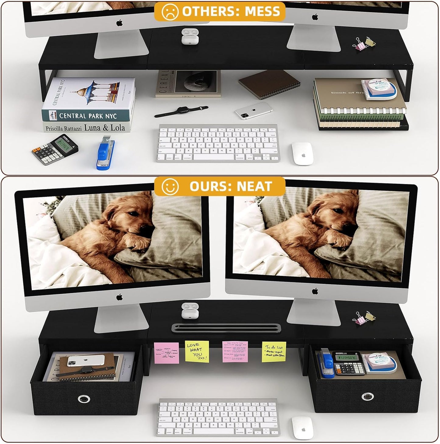 Dual Monitor Stand Riser with 2 Drawers - 39Inch Large Storage Computer Monitor Stands for 2 Monitors, Wooden Desktop Organizer Perfect for Home Office Desk, Computer, Laptop, TV, Black