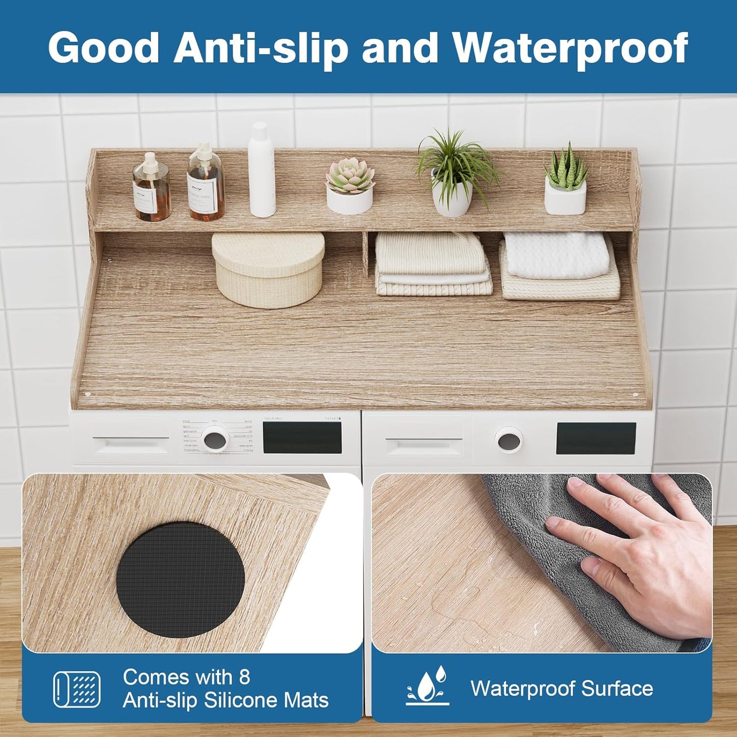 Washer Dryer Countertop with Shelf 27.5" W x 54" L x 12" H Laundry Room Countertop for Washer and Dryer with Edge Rails, Oak