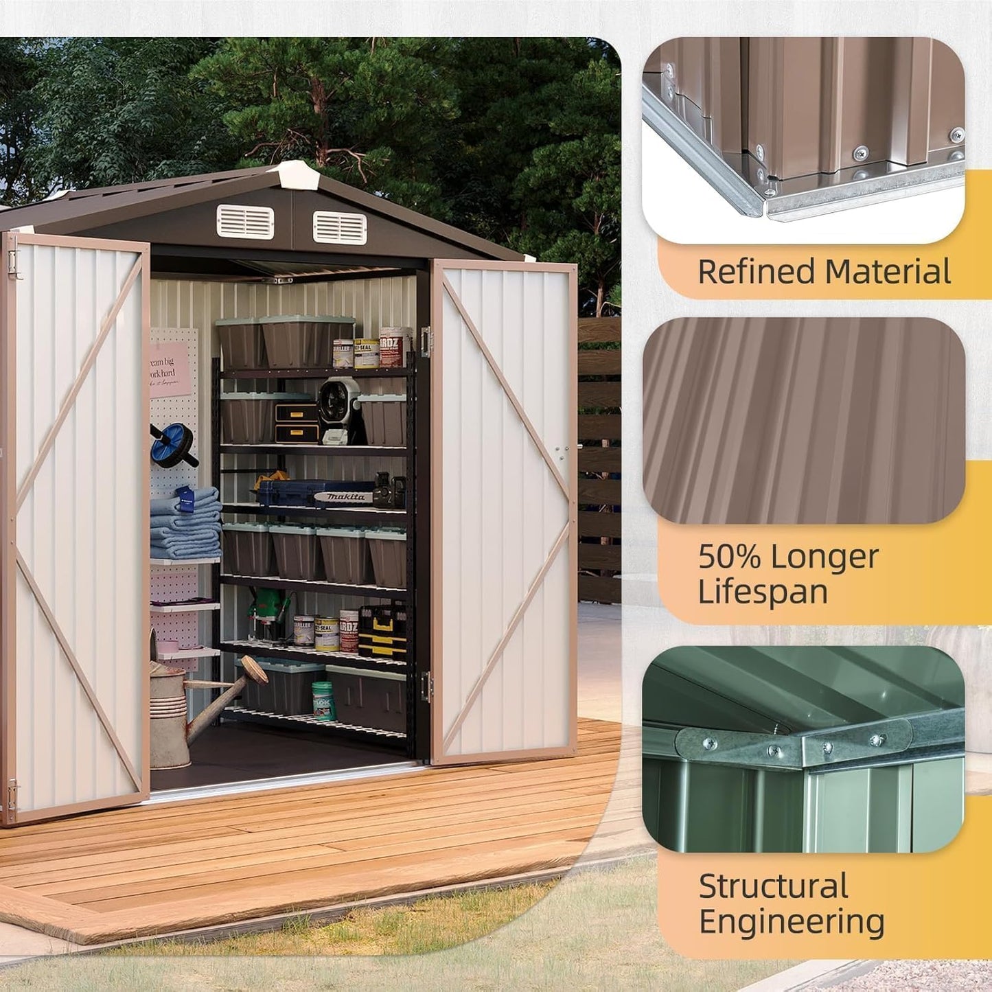 Aoxun 6x4ft Shed with Floor Heavy-Duty Galvanized Steel Outdoor Storage Shed with Double Doors, Ventilated Weatherproof Design for Bike/Generator/Tool Organization (Brown)