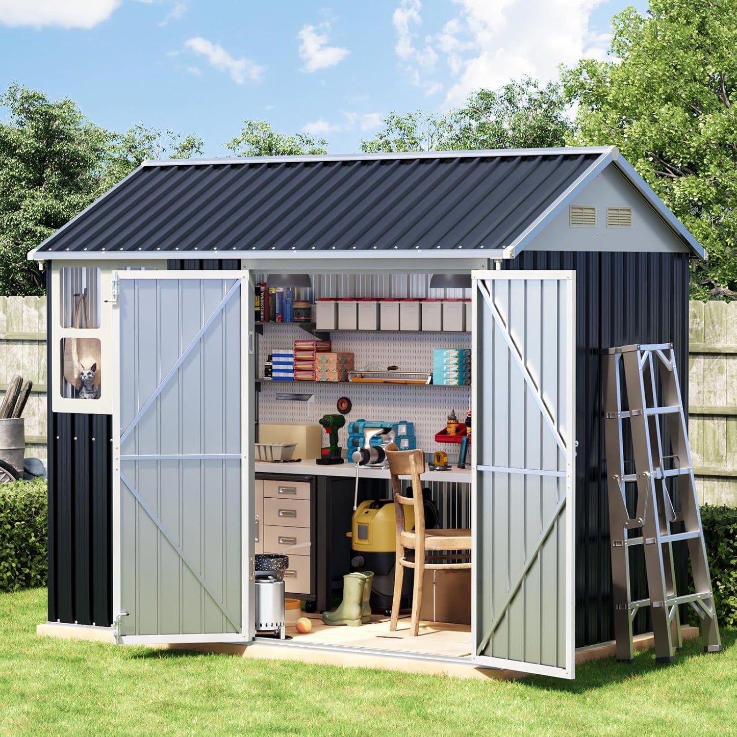 8x6 FT Outdoor Metal Storage Shed with Floor Frame, Double Doors, 1 Clear Window, Tool Shed for Garden, Patio, Backyard