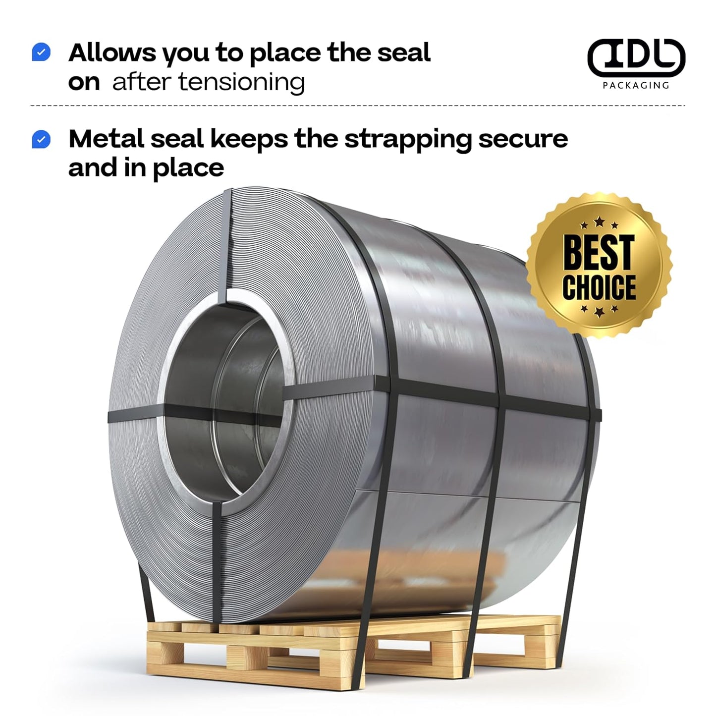 IDL Packaging 5/8" Closed (Push Type) Seals for Steel Strapping, Pack of 250 - USA-Made Sturdy Metal Clips for Securing Heavy Packaging & Pallet Banding - Superior Holding Power for Steel Banding Jobs