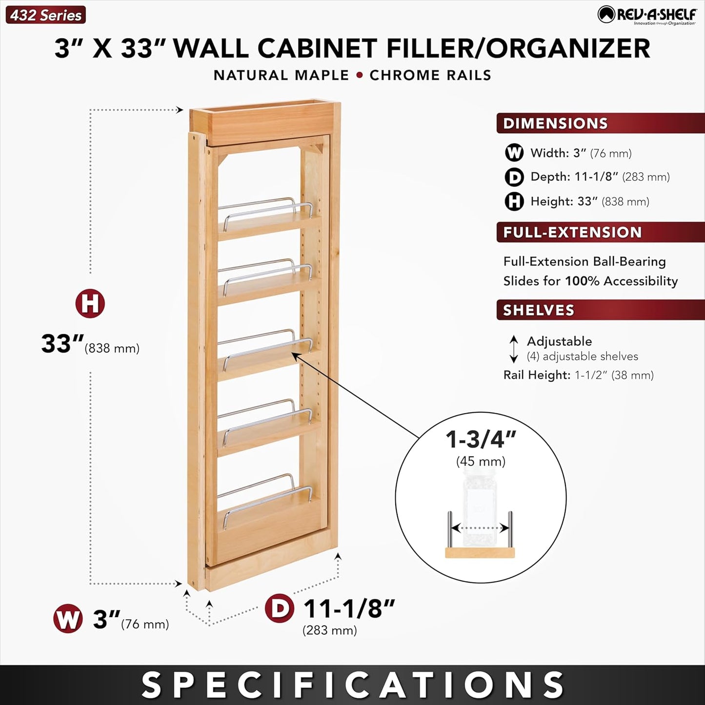 Rev-A-Shelf 3"W x 33"H Pull Out Quad Shelf Organizer for Wall & Base Kitchen Cabinets, Full Extension Filler Spice Rack, Adjustable, Wood, 432-WF33-3C