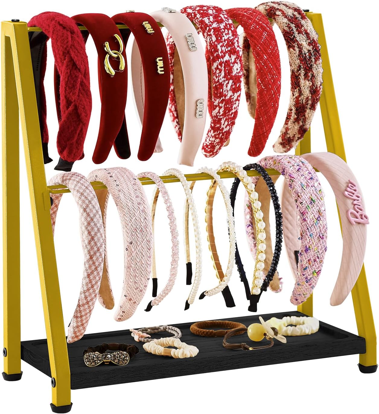 Headband Holder Organizer Metal 2-Tier Display Stand for Selling, Home Bedroom Headband Storage for Girls Women, Headband Stand Wood Base Can Store Hair Ties