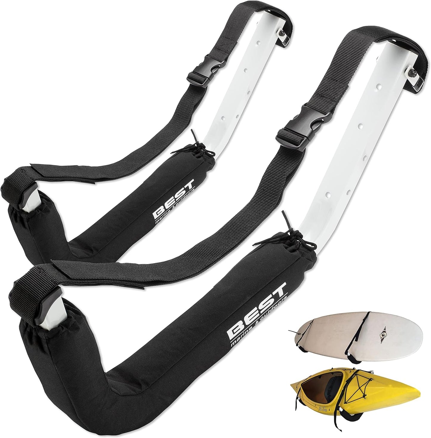 Best Marine and Outdoors Kayak Storage Rack, 2 Premium Wall Mount Racks, Kayaks & SUP Paddle Boards, 125lb Weight Capacity Garage Hanger, Indoor Outdoor Paddleboard Holder & Kayaking Accessories