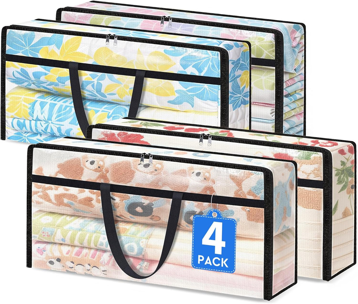 4 Pack Long Clear Storage Bags for Comforter, Clothes & Bedding, Plastic Blanket Storage with Zipper and Handle, Moving Bags, Closet Organizer and Under-Bed Storage (90L, 39.4"*7.1"*19.7")