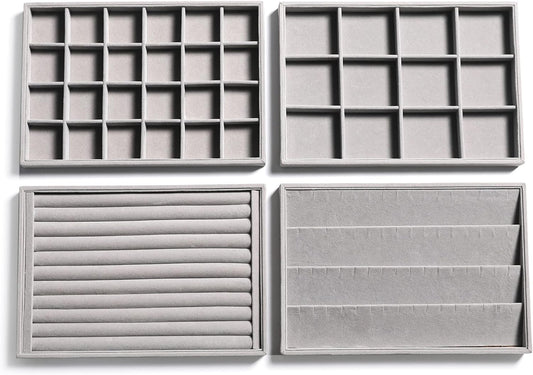 Frebeauty Stackable Velvet Jewelry Organizer Trays for Drawers Inserts Jewelry Storage Tray Display Case Earrings Bracelets Necklace Rings Accessories Trays for Women(Set of 4)(Grey).
