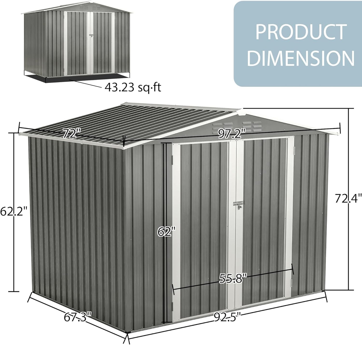 Metal Outdoor Storage Sheds 8 x 6 FT Lockable Metal Garden Shed Steel Anti-Corrosion Storage House with Double Lockable Door for Backyard Outdoor Patio