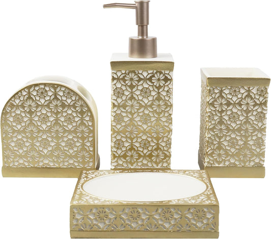 Hymmah Gold Bathroom Accessories Set,Farmhouse Bathroom Decor,4 Pcs Resin Gift Set Apartment Necessities, Contain Cotton Swab Jar,Soap Dispenser,Tumbler，Soap Dish/Tray