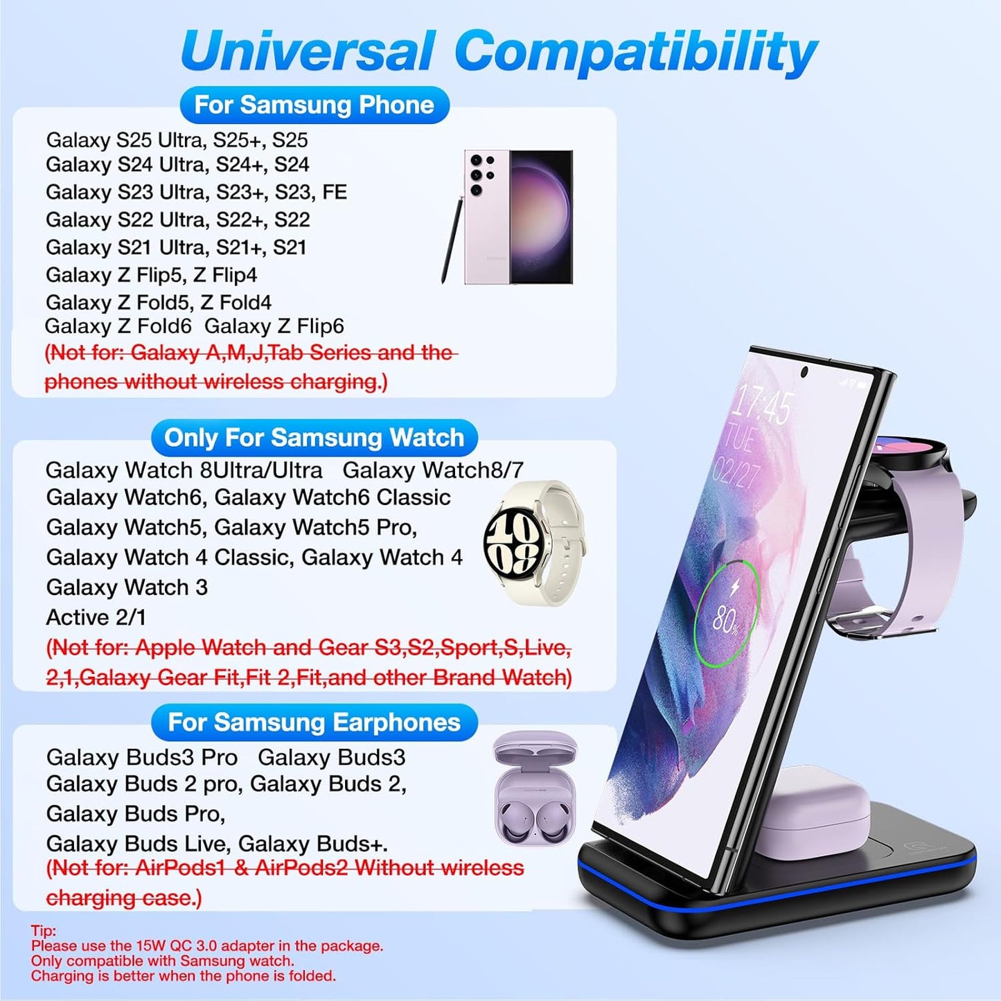 Wireless Charging Station for Samsung/Android, Fast Wireless Watch Charger Station Compatible for Samsung Galaxy S25 Ultra/S24/S23+/Z Flip 7/6 Fold 7/6, Watch8/7/Pro/Active 2 Galaxy Buds3/2 Pro(Black)