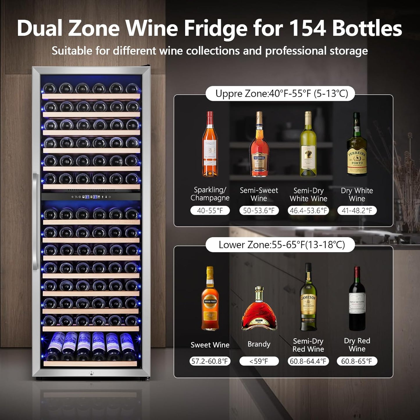 24" Wide Dual-Zone Wine Fridge 154-Bottles, Tall Freestanding/Built-in Wine Cooler Refeigerator, Large Capacity Dual Zone Wine Cellar For Wine Collection, Low Noise and Fast Cooling