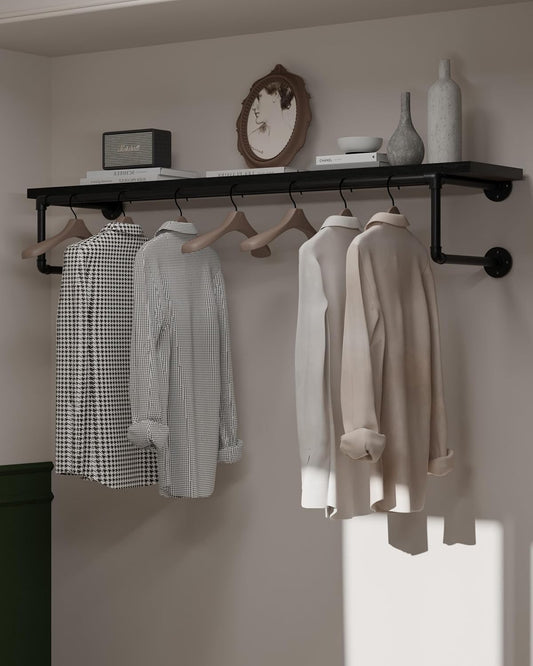 Clothes Rack 48in, Wall Mounted Garment Racks with Real Black Wood Shelf, Heavy Duty Hanging Clothes Rack, Multi-Purpose Hanging Rod, Space-Saving Closet Storage