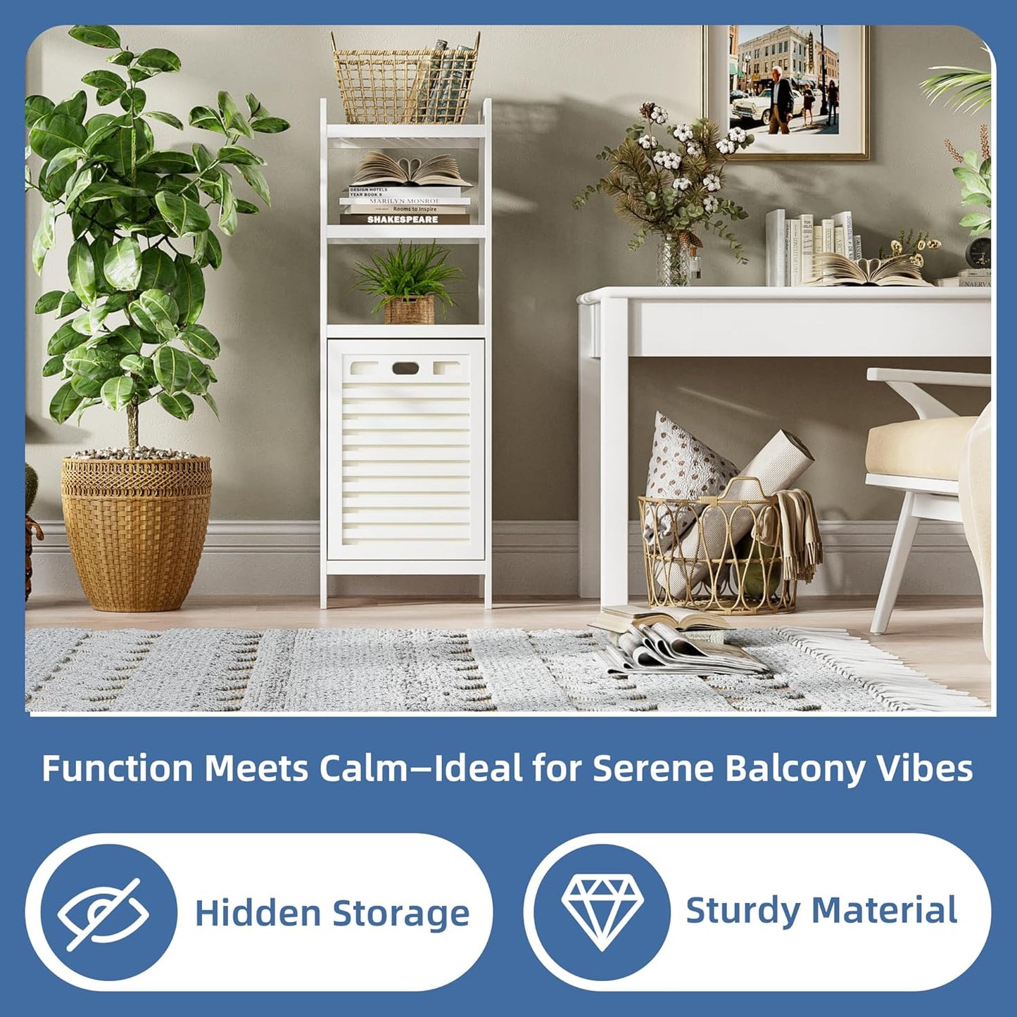 HITNET Bamboo Tilt Out Hamper, Bathroom Laundry Cabinet with Hidden Foldable Basket, Freestanding Clothes Storage Organizer with Storage Shelf, White