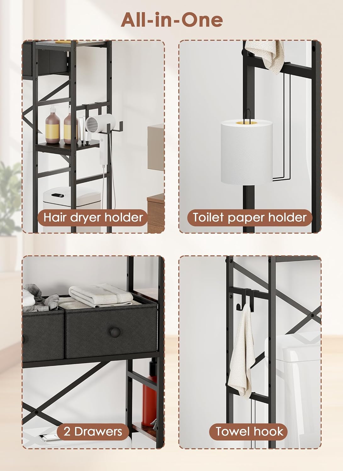 Over The Toilet Storage Rack, 7-Tier Over Toilet Bathroom Organizer with Adjustable Shelf, Above Toilet Storage Cabinet with Hooks, Space-Saving, Black Shelf