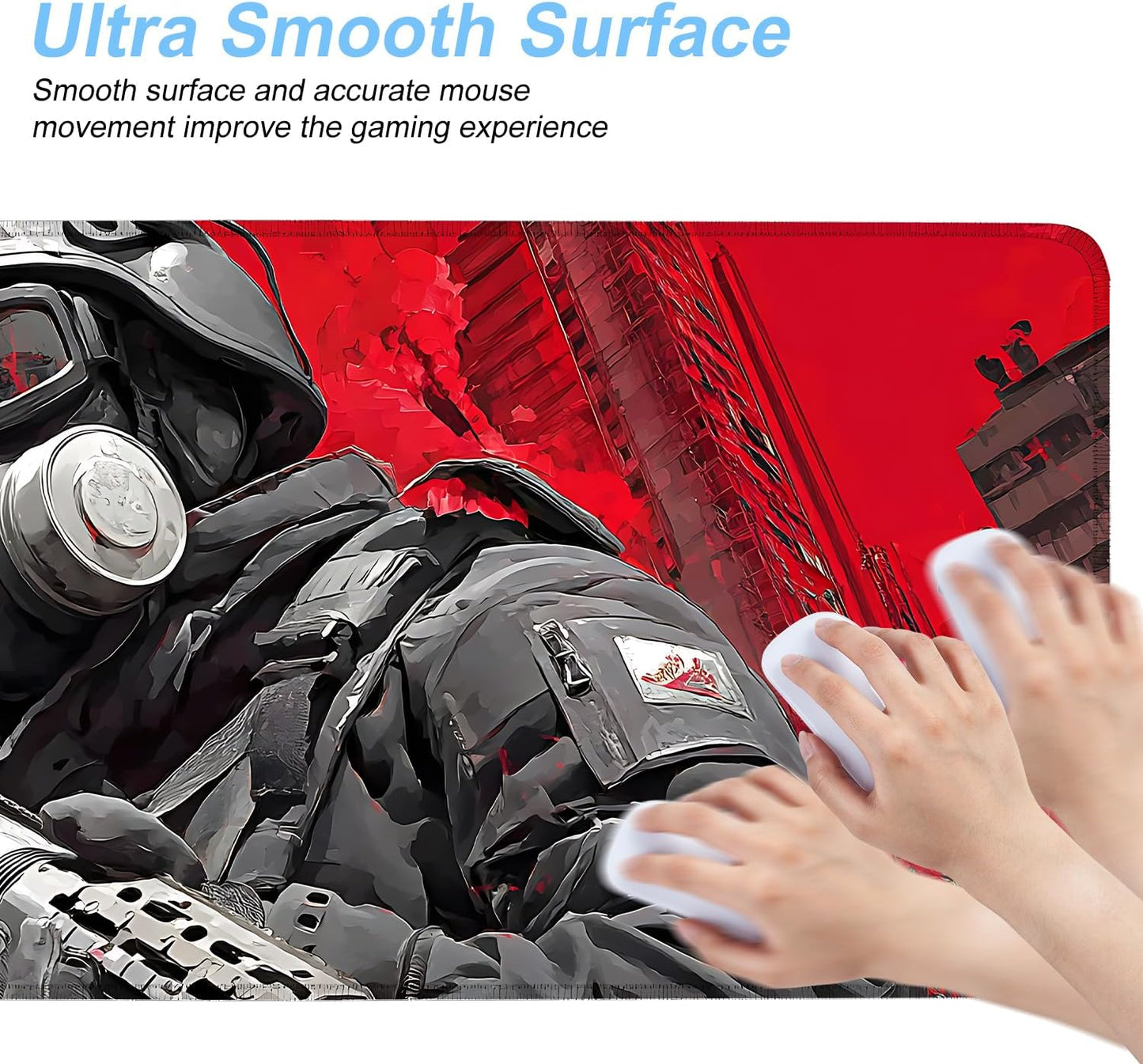 Tactical Soldier Gaming Mouse Pad – 31.5" x 11.8" Extended Desk Mat with Red Urban Battle Scene – Non-Slip Base, Smooth Surface for Gamers & Office Use