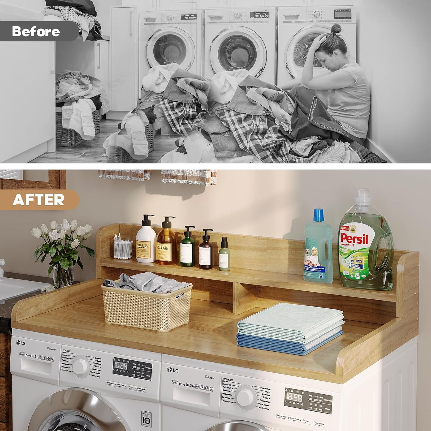 Washer Dryer Countertop with 2-Tier Shelf, 54" W x 27.55" D Laundry Countertop with 2.75" H Guard Edge Rails, Wood Topper with Non-Slip Pad (Pure Wood Color)