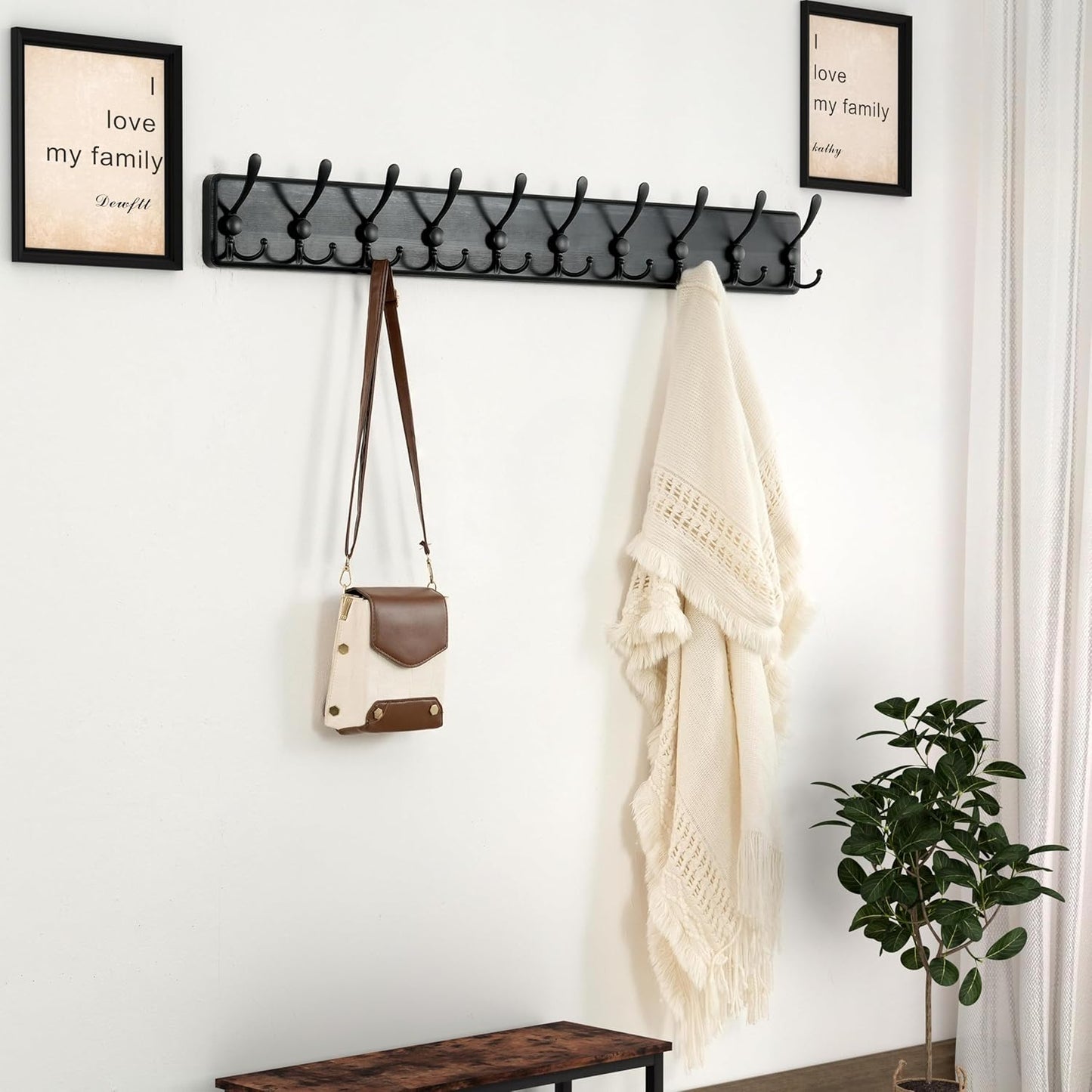 Dseap Coat Rack Wall - Heavy-Duty 38-1/4" Long, with Reinforced 10 Custom Tri-Hooks, Solid Wood Wall Hanger for Coats Hat Jackets - Rustic Farmhouse Entryway Storage, Black, Pack of 2