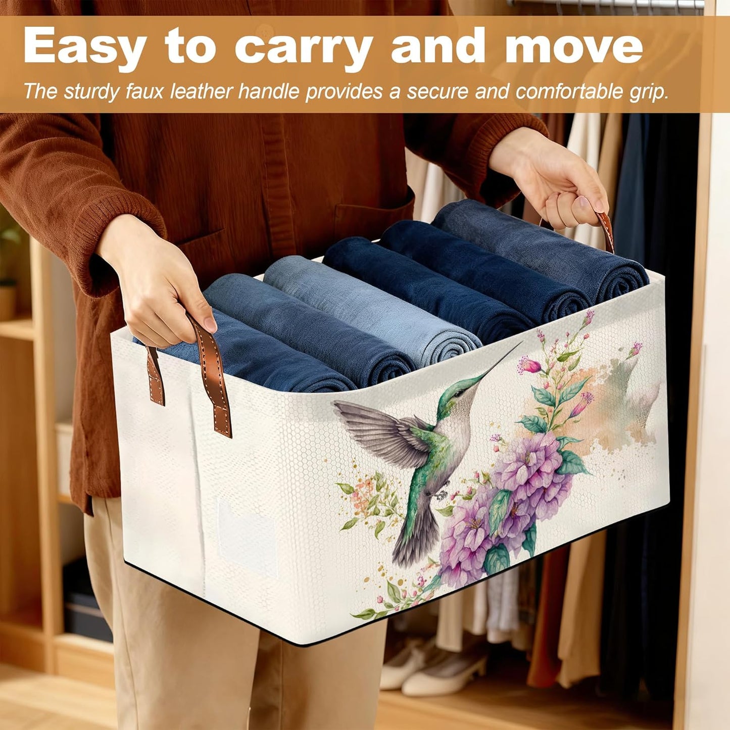 32L Large Storage Bins with Handles, Basket Organizer for Shelves, Closet, Books, Laundry & Home Decor (Hummingbird Flower)